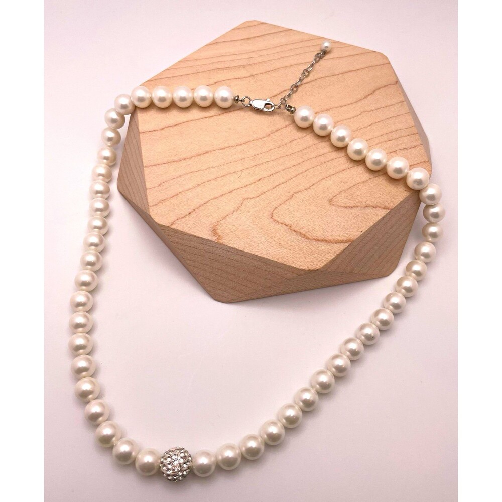White Glass Faux Pearl Beaded Rhinestone Necklace 925 Sterling Silver Clasp